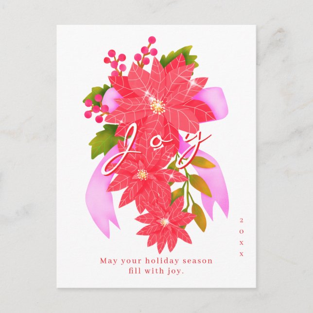 Cartão Postal De Festividades Joy Christmas Poinsettia White (Frente)