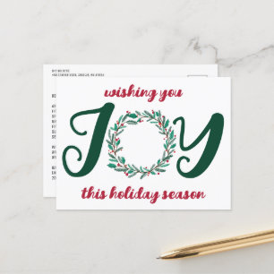 Cartão Postal De Festividades JOY Christmas Wreath Hand-Drawn Simple