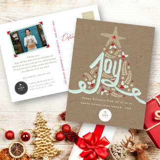 Cartão Postal De Festividades Joy Desenhado à Mão Caligrafia Folhagem Rústica