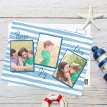 Cartão Postal De Festividades Joy do Amor pela Paz | Blue Watercolor 3 Foto Nata<br><div class="desc">Lindas linhas onduladas azuis do céu decoram o fundo desta moderna coleção de fotos da família, cartões postais de Natal. Personalize com suas fotos da família 5x7 e substitua as 3 fotografias por seus próprios filhos felizes. O cartão de Natal perfeito para a família de praia que lê PEACE AMVE...</div>