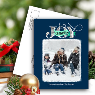 Cartão Postal De Festividades JOY FESMENT Blue Modern Script Foto de Natal