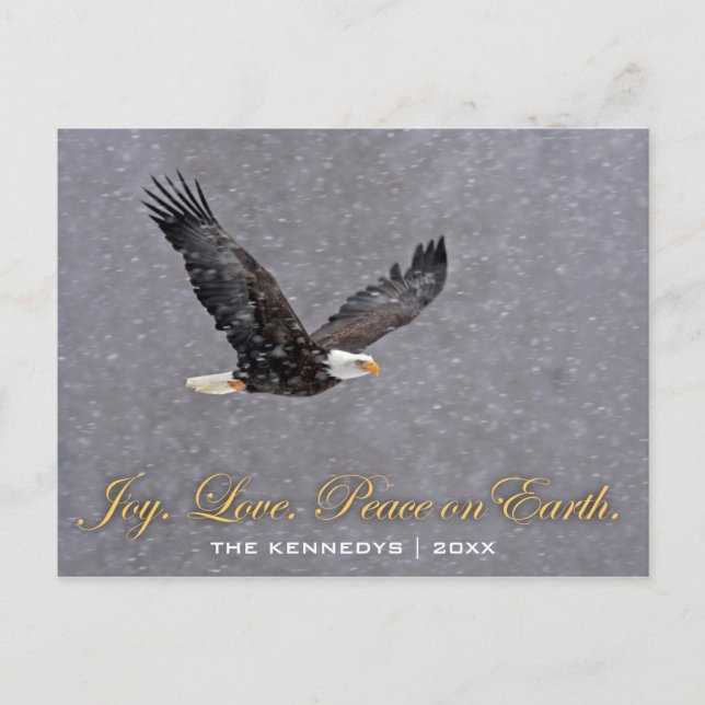 Cartão Postal De Festividades Joy Love Peace - Bald Eagle Flying in Snowstorm (Frente)