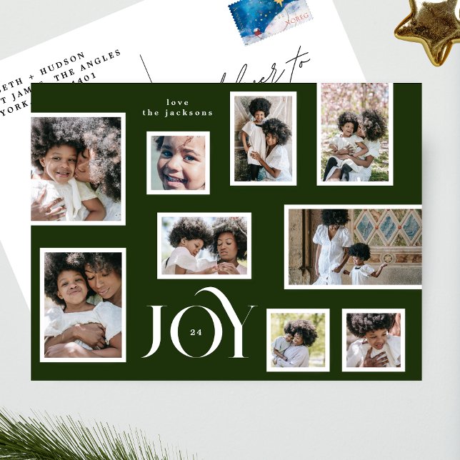 Cartão Postal De Festividades JOY | Natal | Colagem de Fotos | Verde clássico (Criador carregado)