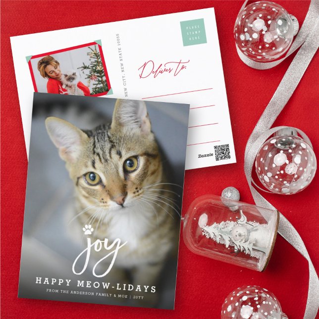 Cartão Postal De Festividades Joy Paw Print Brush Script Cat. Pet Simples (Criador carregado)