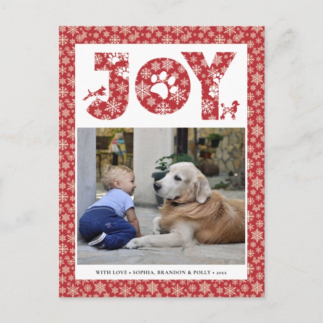 Cartão Postal De Festividades JOY Paws Dourado | Pet Lover Flocos De Neve Em Ver (Frente)