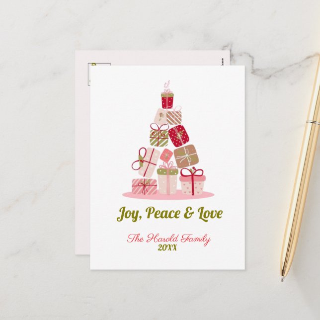 Cartão Postal De Festividades Joy Peace e Love Christmas Tree Card (Frente/Verso In Situ)