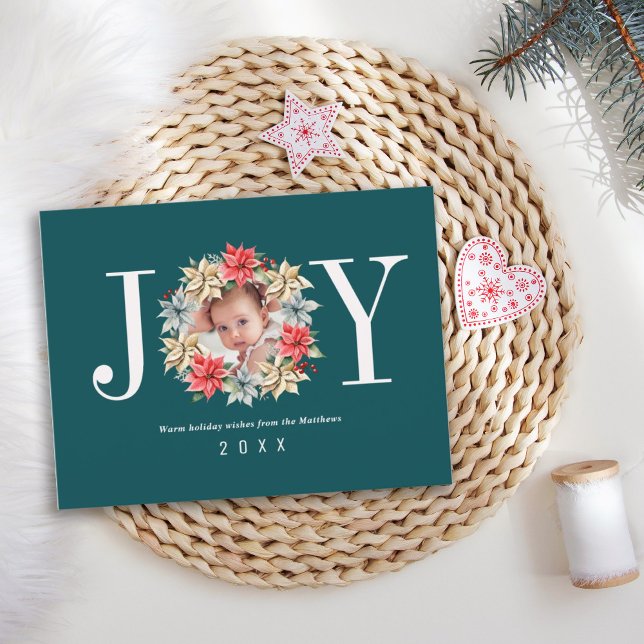 Cartão Postal De Festividades Joy Simple Farmhouse Poinsettia Wreath and Photo (Criador carregado)
