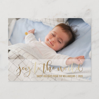 CARTÃO POSTAL DE FESTIVIDADES JOY TO THE WORLD DOURADO SCRIPT | FOTO DE HOLIDAY