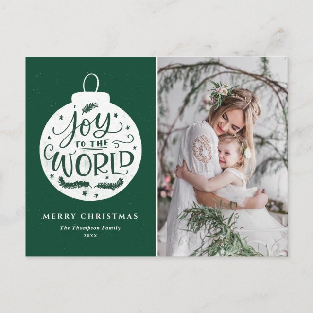 Cartão Postal De Festividades Joy To The World Lettering Green Christmas Photo (Frente)