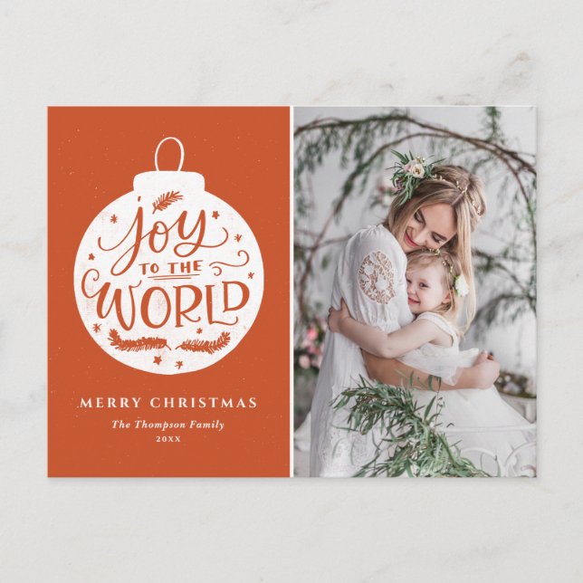 Cartão Postal De Festividades Joy To The World Lettering Orange Christmas Photo (Frente)