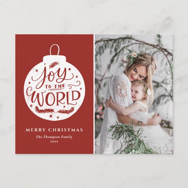 Cartão Postal De Festividades Joy To The World Lettering Red Christmas Photo (Frente)