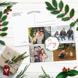 Cartão Postal De Festividades Joy Typography Script Wreath 4 Photo Christmas