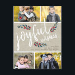 Cartão Postal De Festividades Joyful Wish Beige Linen Christmas 4 Photo Collage<br><div class="desc">Joyful Wishes White Script and Sketched Watercolor Berries on Beige Linen 4 Photo Rustic Christmas Holiday Card . Design by Elke Clarke © Customize the photo collage with your family photos and name</div>