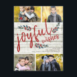 Cartão Postal De Festividades Joyful Wish Rustic Red Christmas 4 Photo Collage<br><div class="desc">Joyful Deseja Roteiro Vermelho e Berries de Aquarelas Desenhados no Cartão de Férias de Natal Russo da Madeira 4. Design por Elke Clarke © Personalize a colagem de fotos com as fotos e o nome da sua família</div>