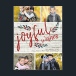 Cartão Postal De Festividades Joyful Wish Rustic Red Christmas 4 Photo Collage<br><div class="desc">Joyful Deseja Roteiro Vermelho e Berries de Aquarelas Desenhados no Cartão de Férias de Natal Russo da Madeira 4. Design por Elke Clarke © Personalize a colagem de fotos com as fotos e o nome da sua família</div>