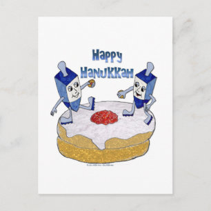 Cartão Postal De Festividades Judaica Feliz Hanukkah Dreidels Dançantes Donut