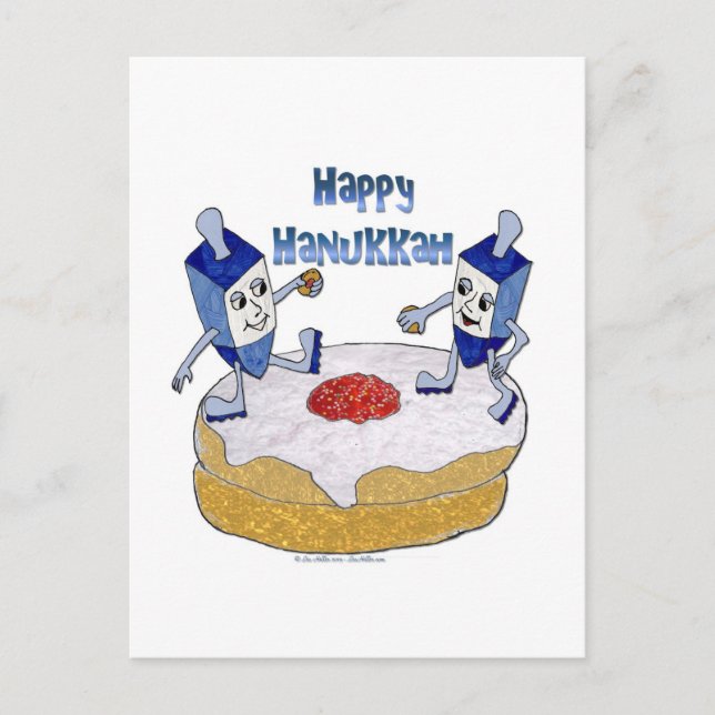 Cartão Postal De Festividades Judaica Happy Hanukkah Dançando Dreidels Doughnut (Frente)