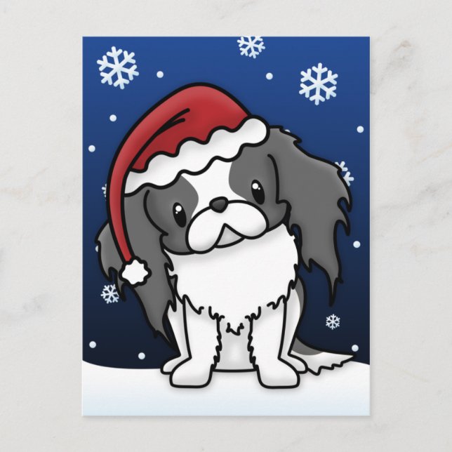 Cartão Postal De Festividades Kawaii BW Japanese Chin Christmas Postcard (Frente)