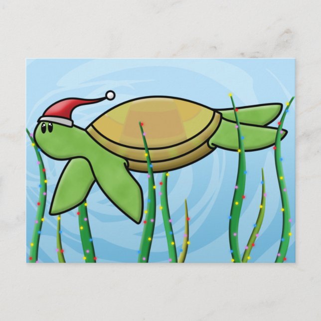 Cartão Postal De Festividades Kawaii Green Sea Turtle Natal (Frente)