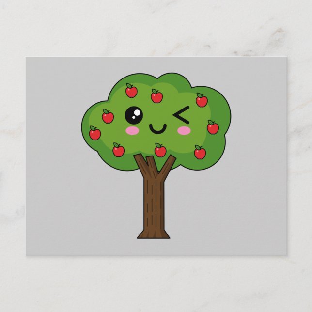 Cartão Postal De Festividades Kawaii Happy Winking Apple Tree (Frente)