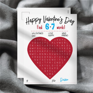 Cartão Postal De Festividades Kids Six Seven Valentine Word Search Heart Class