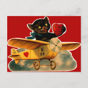Cartão Postal De Festividades Kit de Gatinho Retro Antigo no Avião no Dia dos Na