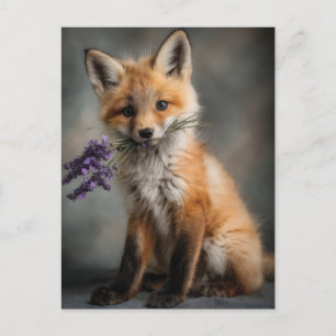 Cartão Postal De Festividades Kit de Raposa Adorável Segurando Flores de Lavanda