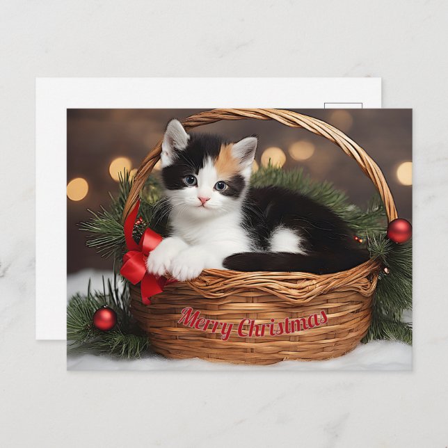 Cartão Postal De Festividades Kitten no cesto (Frente/Verso)