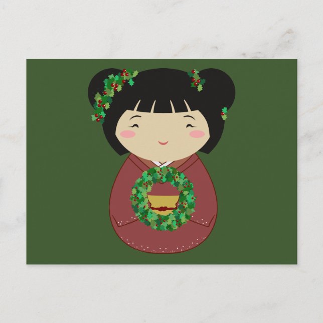 Cartão Postal De Festividades Kokeshi Christmas Wreath (Frente)