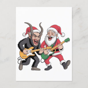 Cartão Postal De Festividades Krampus e Papai Noel Tocando Guitarra Elétrica de