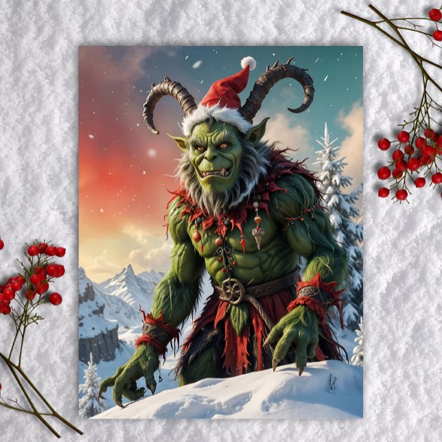 Cartão Postal De Festividades Krampus Verde no Topo da Montanha Nevada Natal Gru (Green Krampus anti-Christmas monster legend character weird holiday postcard art)