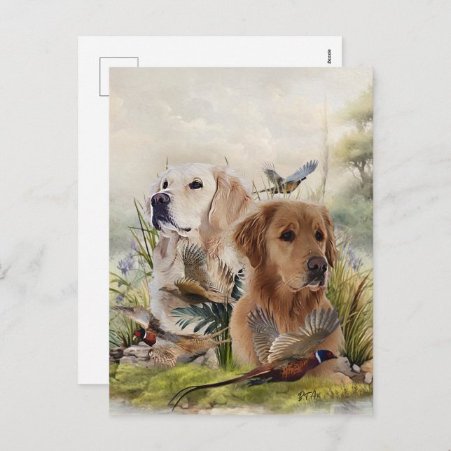 Cartão Postal De Festividades Labrador Retrievers com Faisão, Arte (Frente/Verso)