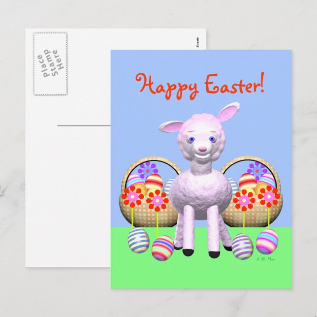 Cartão Postal De Festividades Lamas de Páscoa e cestos de Ovos (Frente/Verso)