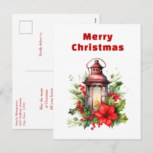 Cartão Postal De Festividades Lanterna de Natal Vermelho Poinsettia e Pinheiro