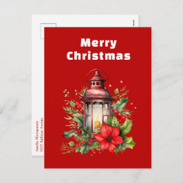 Cartão Postal De Festividades Lanterna de Natal Vermelho Poinsettia e Pinheiro