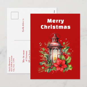 Cartão Postal De Festividades Lanterna de Natal Vermelho Poinsettia e Pinheiro