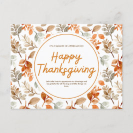 Cartão Postal De Festividades Laranja Aquarela Botânica Feliz Dia de Ação de Gra