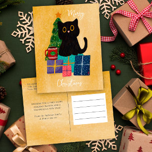 Cartão Postal De Festividades Laranja Festivo Feliz Natal Gato Preto Café