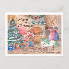 Cartão Postal De Festividades Lareira de cartão de Natal fantasia da família