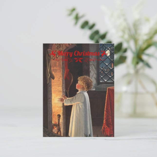 Cartão Postal De Festividades Lareira de Natal, meias e uma criança (Em pé/Frente)