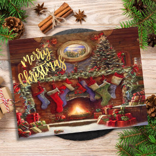 Cartão Postal De Festividades Lareira de Natal Vintage com Meias