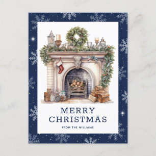 Cartão Postal De Festividades Lareira de Natal Wreath Garland Floco de Neve Azul