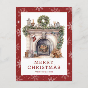Cartão Postal De Festividades Lareira de Natal Wreath Garland Floco de Neve Verm