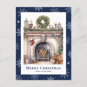 Cartão Postal De Festividades Lareira de Wreath Natal Floco de Neve Azul