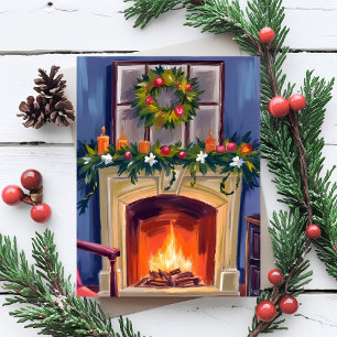 Cartão Postal De Festividades Lareira Festiva Grinalda de Natal Aquarela