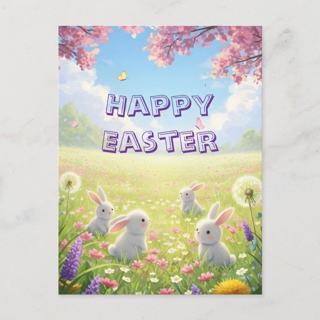 Cartão Postal De Festividades Lavender Easter Cute White Bunny Floral Spring  (Frente)