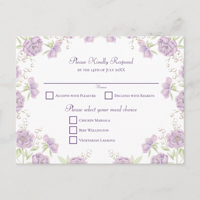 Cartão Postal De Festividades Lavender Purple Rose Wedding RSVP (Frente)