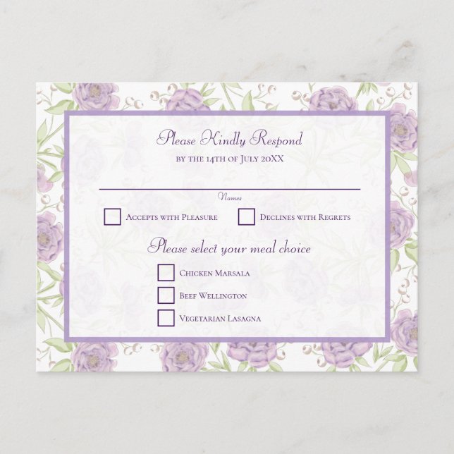 Cartão Postal De Festividades Lavender Purple Rose Wedding RSVP (Frente)