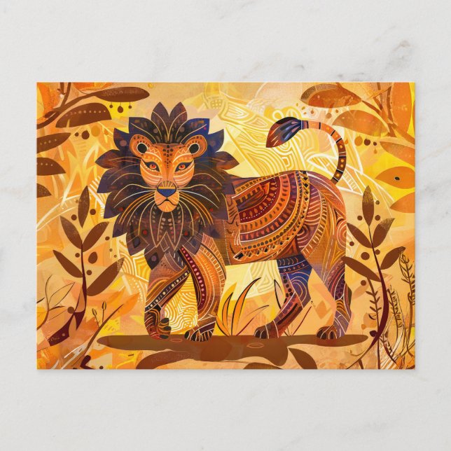 Cartão Postal De Festividades Leão africano com homem de padrão tribal (Frente)