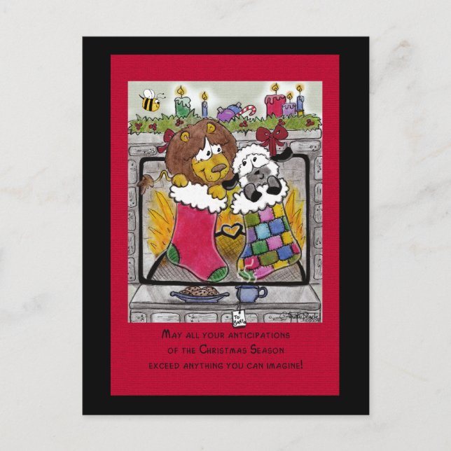 Cartão Postal De Festividades Leão e Lamb Esperar por Papais noeis (Frente)